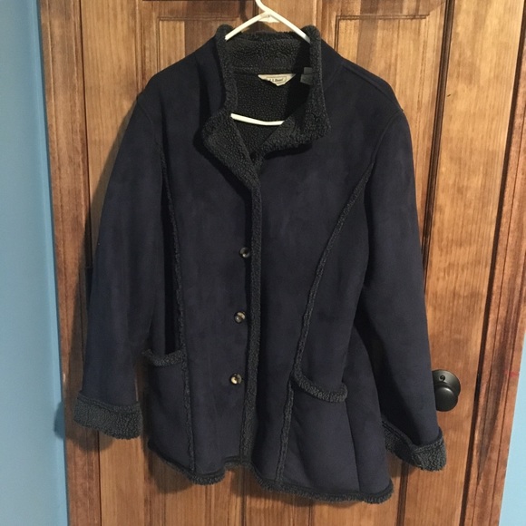 L.L. Bean Navy Faux Suede Sherpa Lined Jacket Coat Button Closure - Picture 4 of 8